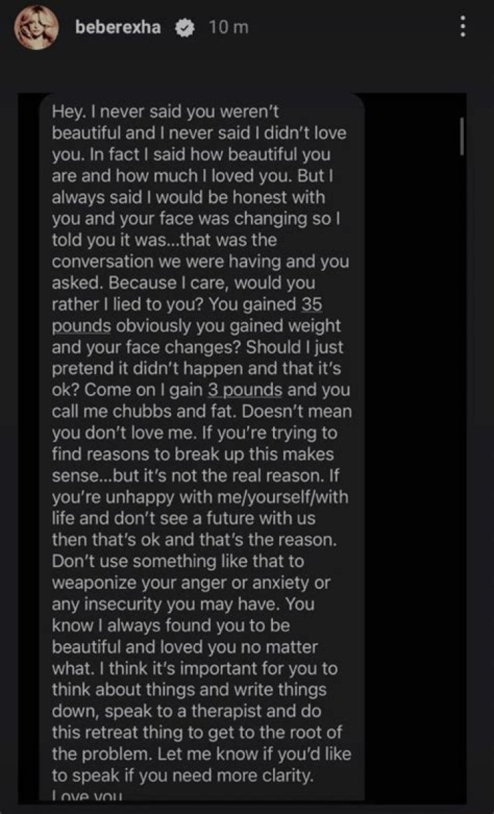 Bebe Rexha calls out boyfriend for criticizing her weight in alleged text